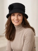 Elegancki kapelusz cloche damski w odcieniu czerni – z ocieplaną podszewką i odpinaną ozdobą 42359