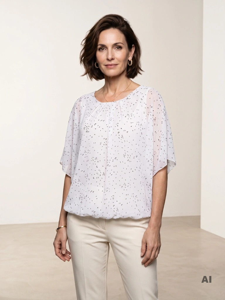 Elegancka bluzka plus size szyfonowa w delikatny wzór z rękawem kimono – z gumą w pasie, idealna na lato 42050