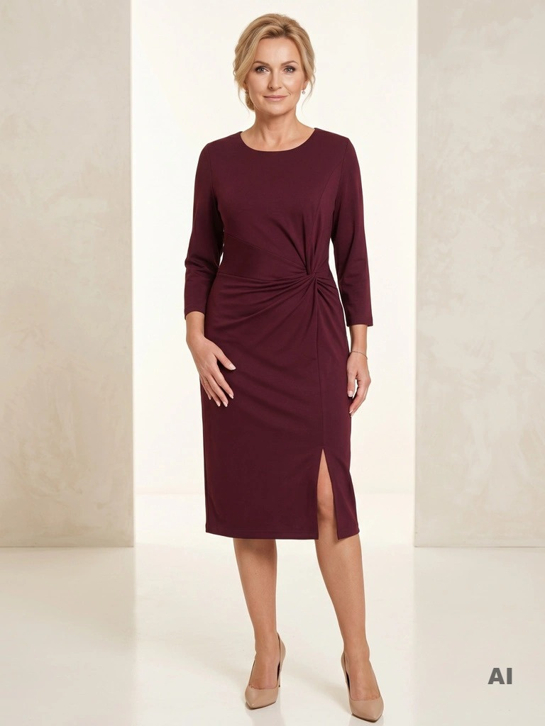 Elegancka sukienka burgundowa z dzianiny – fason prosty, długość midi, marszczenia wyszczuplające 40938