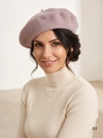 Szary beret damski z wełny merynosów z nutą fioletu – elegancki francuski szyk na jesień i zimę 40866