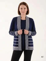 Granatowy sweter damski w paski o prostym kroju – praktyczny model 2w1 tuszujący biodra 38676