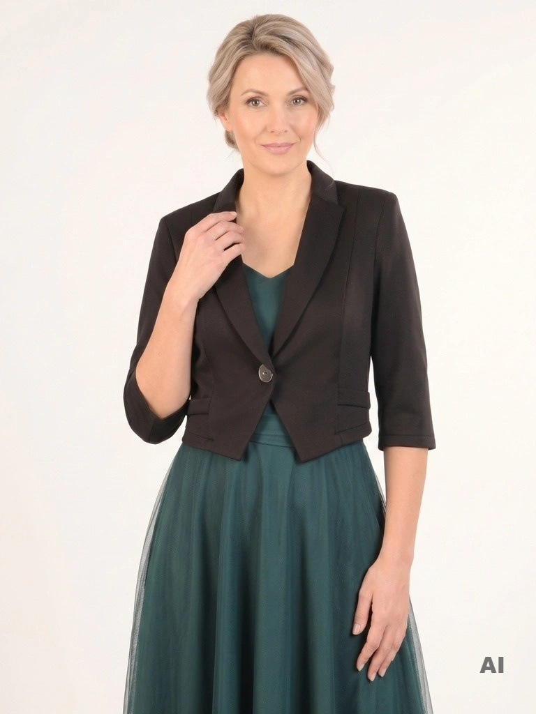 Czarny krótki żakiet do sukienki na wesele – eleganckie bolerko z rękawem 3/4 i ozdobnym guzikiem 31114