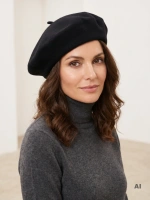 Antracytowy beret damski z wełny merynosów – gładki model z antenką w eleganckim francuskim stylu 40863