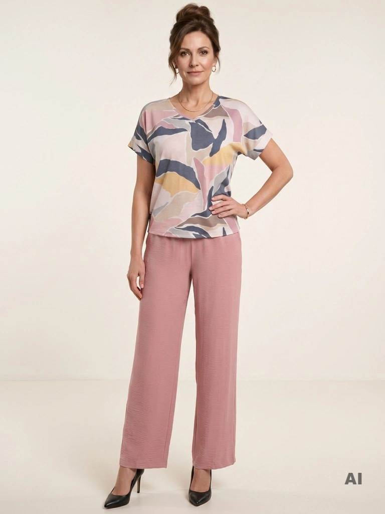 Elegancki komplet damski ze spodniami w pudrowym różu i bluzką V-neck – wygodny zestaw dla modnej 50-latki 41756