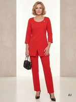 Elegancki kostium damski ze spodniami czerwony – prosty fason z tuniką modelujący sylwetkę 37269