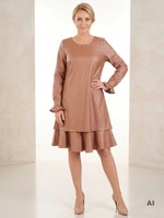 Elegancka sukienka trapezowa w odcieniu brązu – stylowy model midi z falbaną tuszujący niedoskonałości 31378