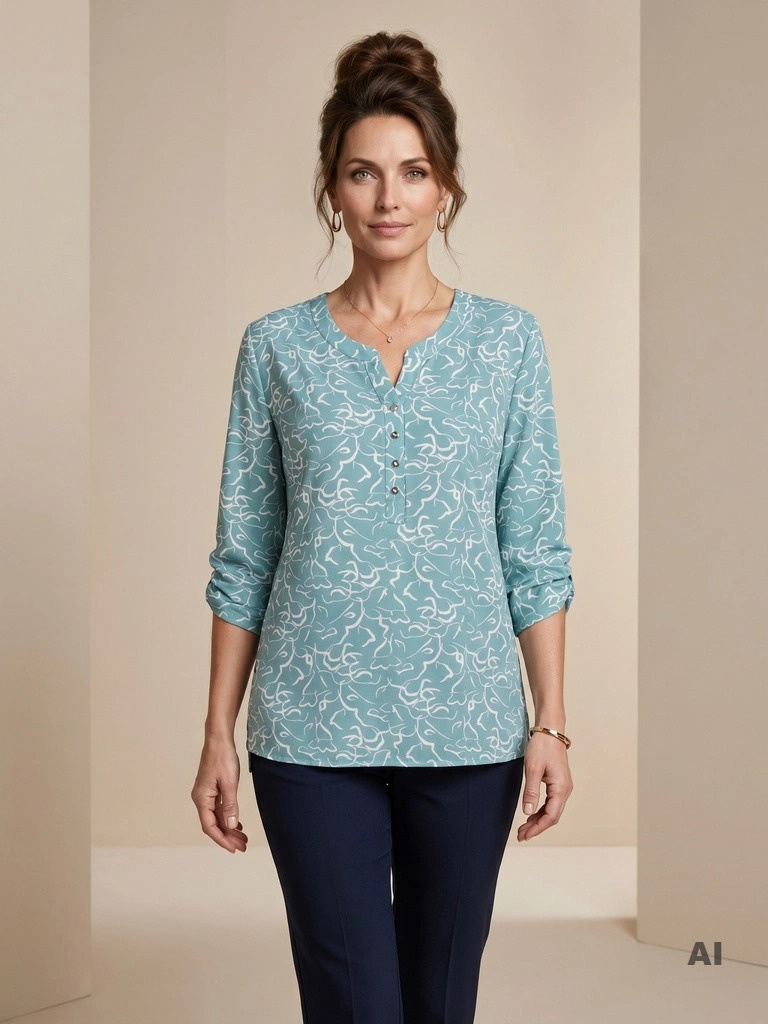 Miętowa bluzka plus size w abstrakcyjny wzór – prosty fason wysmuklający linię szyi, idealna na lato 41947