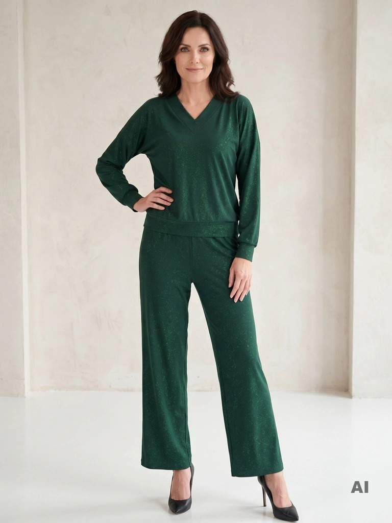 Butelkowozielony komplet z brokatem – elegancka tunika V-neck, szerokie spodnie wyszczuplające na wesele 39174
