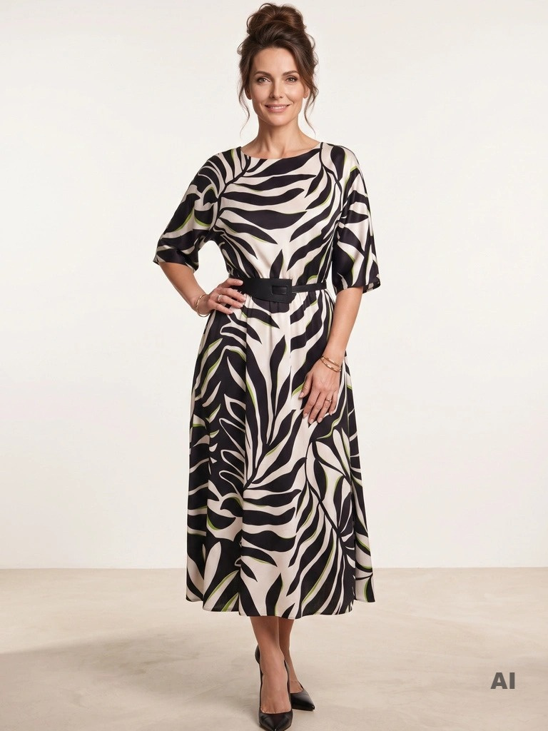 Wiskozowa sukienka midi rozkloszowana w zwierzęcy print – z rękawami kimono i gumą w pasie 42069