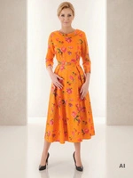 Pomarańczowa sukienka rozkloszowana maxi w kwiaty – elegancki krój z rękawem 3/4 i kontrafałdami 38025