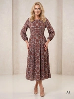 Jesienna sukienka rozkloszowana maxi we wzory – stylowy pasek podkreślający talię 40391