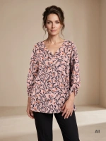 Wiszkozowa bluzka plus size w liście na lato – trapezowy fason swobodnie maskujący figurę 39697