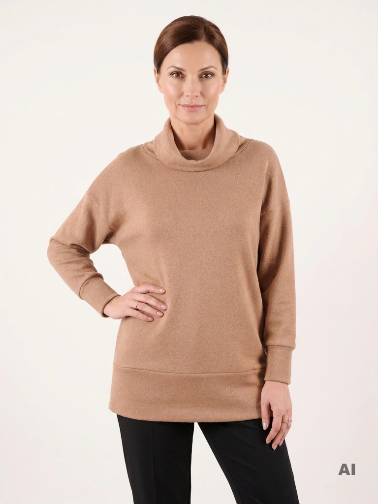 Beżowy sweter damski z golfem, przedłużony fason z kieszeniami – komfortowy do wysmuklania sylwetki 39097