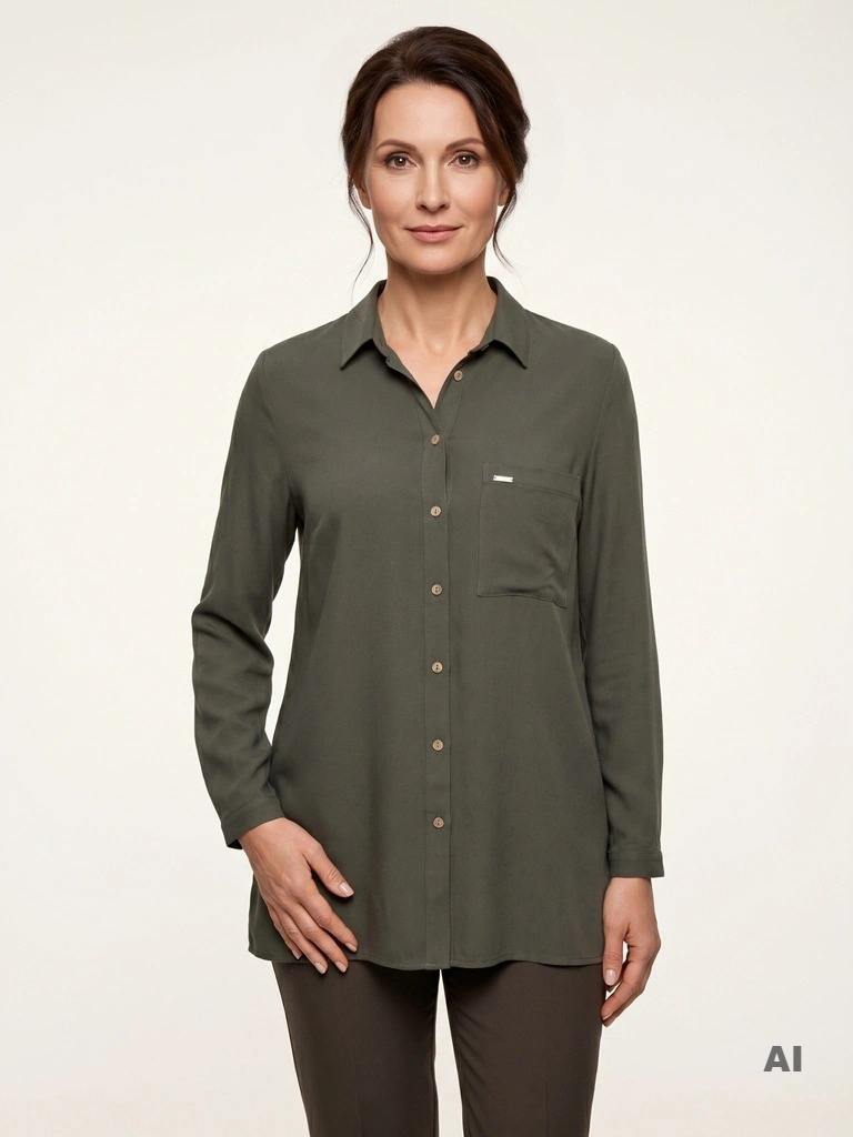 Khaki wiskozowa koszula damska plus size – elegancki prosty krój z podwijanym rękawem, idealna do pracy 39137