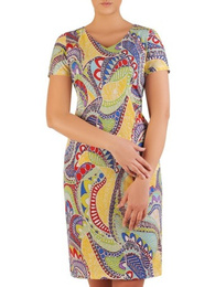 Sukienka w geometryczny wzór, prosty fason z dekoltem w serek 25957
