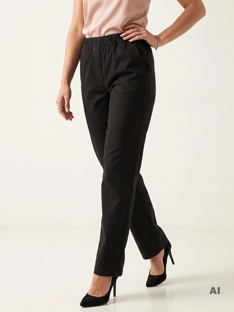 Czarne spodnie damskie proste na gumce plus size – eleganckie do pracy z optycznym wysmukleniem 34896