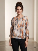 Elegancka bluzka wizytowa w modny beżowy wzór – prosty krój z miękkiej wiskozy z ozdobną broszką 39115