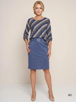 Niebieska sukienka ołówkowa midi w paski – dwuwarstwowy fason z narzutką wysmuklający sylwetkę 18138