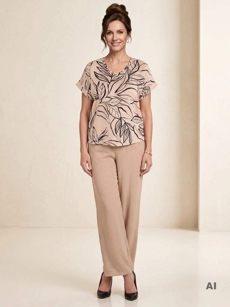 Elegancki komplet beżowy w liście z bluzką kimono i luźnymi spodniami – wysmuklający fason na lato 41757