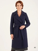Elegancki płaszcz zimowy damski granatowy – prosty krój z paskiem modelującym sylwetkę 27229
