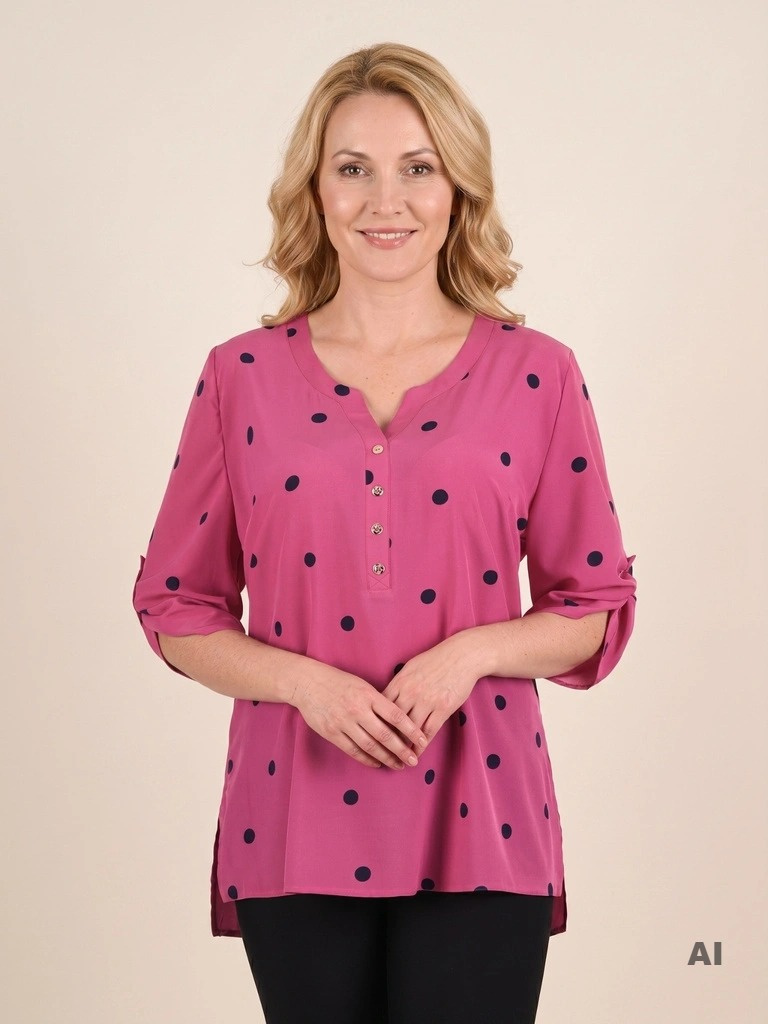 Fuksjowa bluzka plus size z wiskozy – granatowe grochy, dekolt V z guzikami, rękaw 3/4 na wiosnę 41105