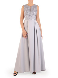 Długa sukienka na wesele, rozkloszowana kreacja z koronkowym topem 33703