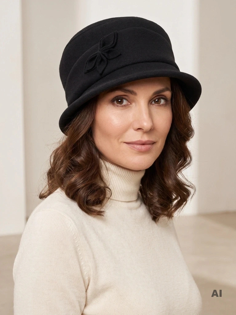 Czarny kapelusz damski cloche – elegancki model z kokardą i perełkami, stylowy dodatek na jesień i zimę 40524