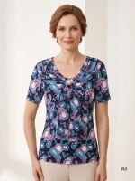 Granatowa bluzka w paisley z krótkim rękawem i broszką – elegancki fason wysmuklający sylwetkę na lato 6854
