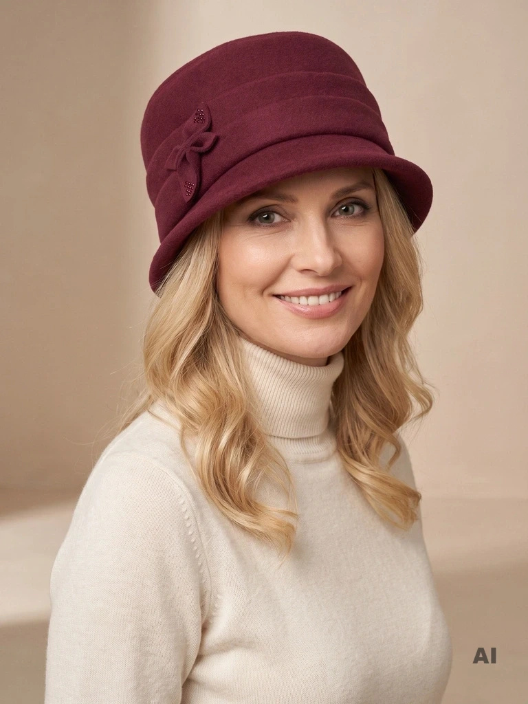 Buraczkowy kapelusz damski cloche w stylu retro – eleganckie nakrycie głowy z ozdobnym kwiatem i cyrkoniami 40903