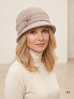 Szary kapelusz damski cloche na zimę – eleganckie nakrycie głowy z ozdobnym kwiatem i błyszczącymi cyrkoniami 40907