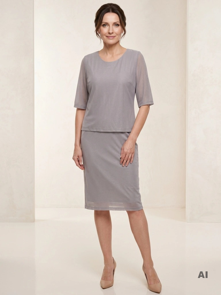 Srebrna sukienka plus size midi z luźną górą maskującą brzuch – idealna na wesele i przyjęcie 38743