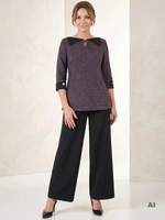 Komplet tunika z broszką i szerokie spodnie w fiolecie i czerni – wygodny strój do pracy oraz na spotkania 37467