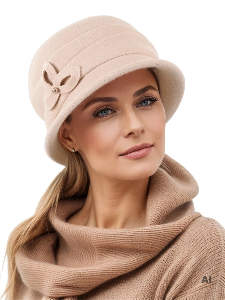 Beżowy kapelusz damski cloche z ocieplaną podszewką – elegancki fason z ozdobą z filcu i przeszyciami 40519
