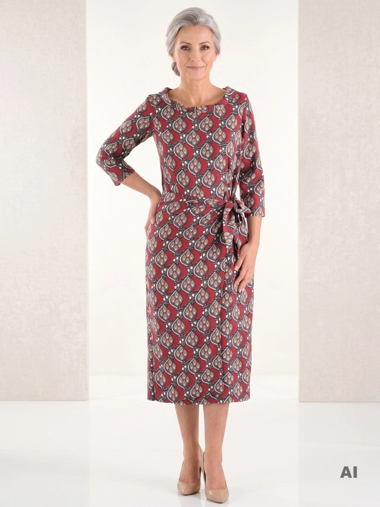 Bordowa sukienka plus size midi we wzory z wiązaniem w talii i ozdobnym kołnierzem – na jesień i do biura 38661