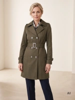 Elegancki płaszcz trencz khaki z wiązanym paskiem – stylowy fason akcentujący talię na jesień 41309