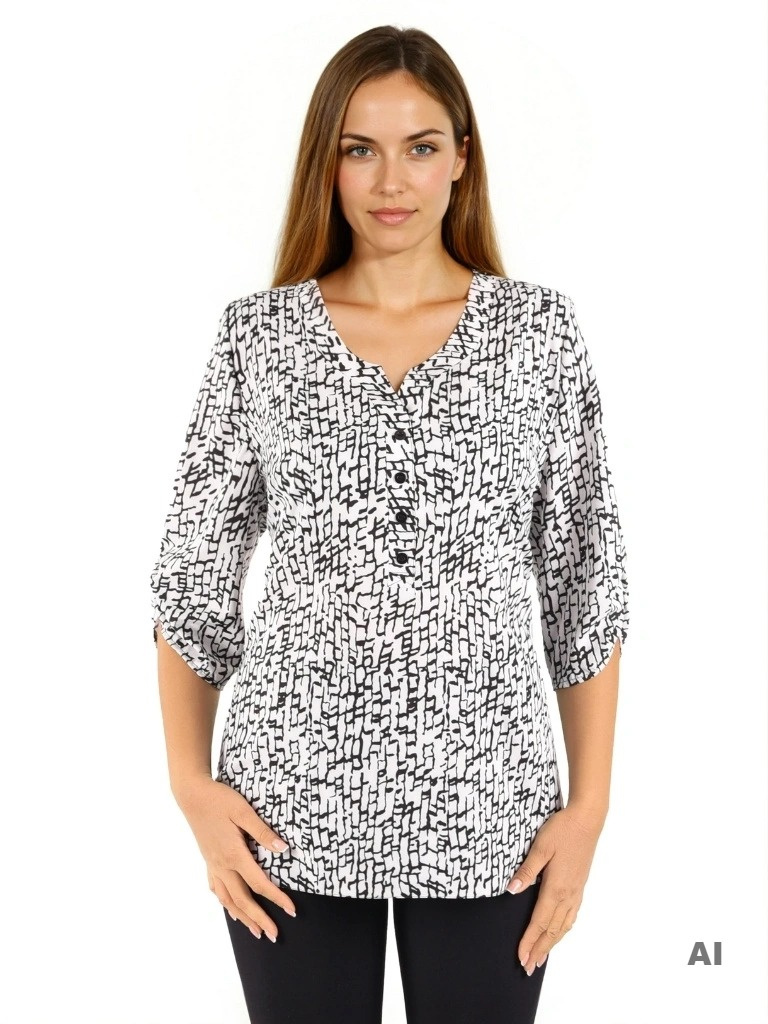 Elegancka bluzka wiskozowa plus size w geometryczny wzór – dekolt V, rękawy 3/4 i dekolt w łódkę na plecach 40814