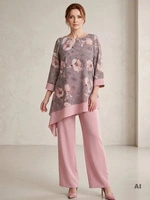 Komplet damski szaro-różowy z tuniką w kwiaty na wesele – trapezowy fason asymetryczny tuszujący figurę 39802
