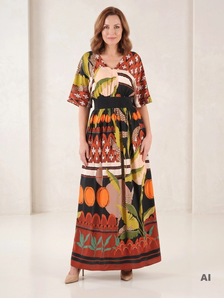 Maxi sukienka boho z dekoltem V i rękawem kimono – wzorzysty fason empire, idealna na lato i przyjęcia 37883