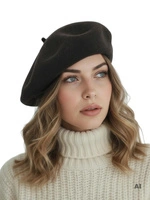 Klasyczny czarny beret damski z wełny merynosa – elegancki fason z antenką w stylu francuskim 40874
