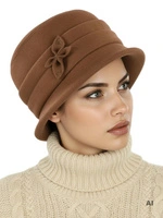 Elegancki kapelusz cloche damski w kolorze karmelowym – zdobiony cyrkoniami, idealny do płaszcza 40905