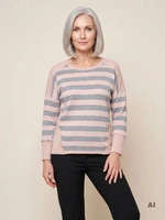 Elegancki sweter damski w paski beżowo-szary – prosty fason ze wstawkami wyszczuplającymi 34824