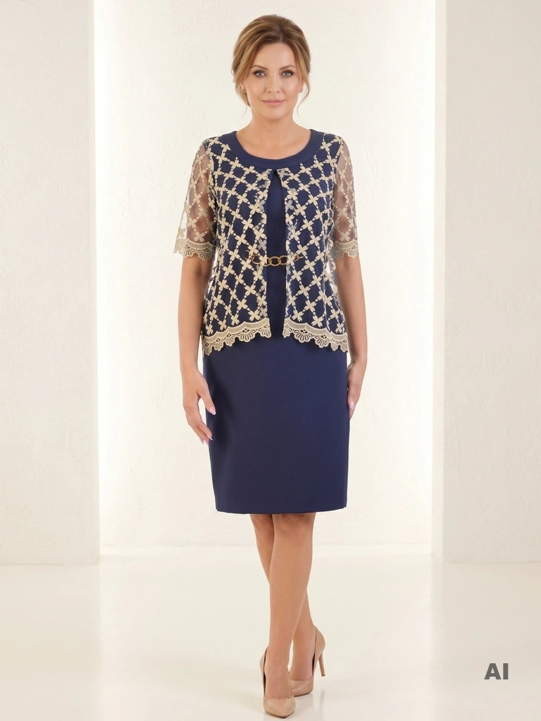 Granatowa sukienka midi z efektowną imitacją złotej koronki – idealna na wesele i ważne uroczystości 33823