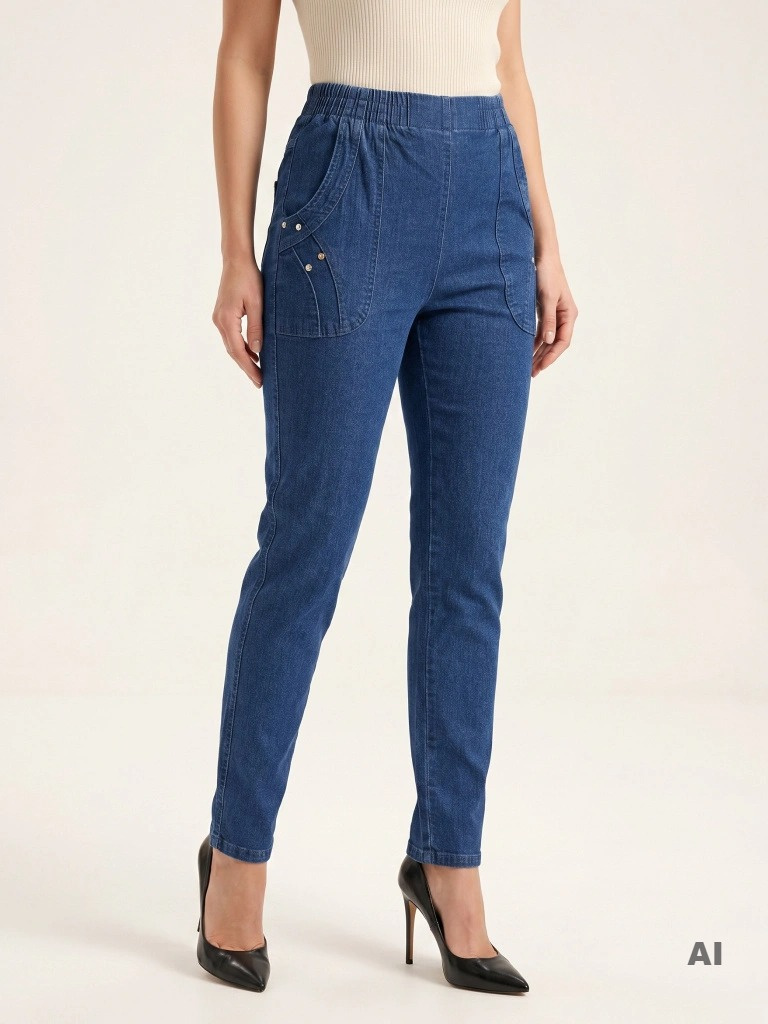 Granatowe jeansy bawełniane na gumce – dopasowane spodnie rurki z kieszeniami i dżetami, fason plus size 39102