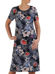 Granatowa sukienka w kwiaty, trapezowa kreacja z tkaniny 24932