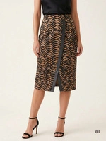 Beżowo-czarna prosta spódnica midi z rozcięciem – optycznie wysmuklająca sylwetkę 40489