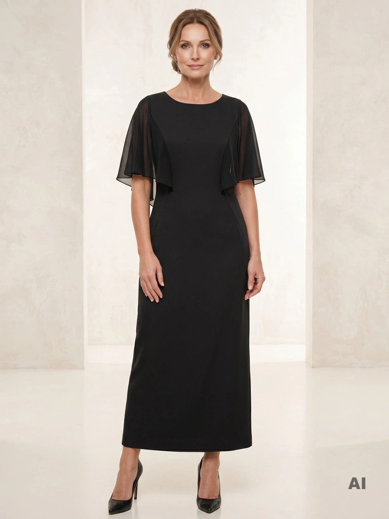 Czarna sukienka wieczorowa maxi plus size – eleganckie szyfonowe rękawy i zmysłowe rozcięcie na bal 38433
