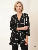Elegancka czarno-biała narzutka w geometryczny wzór – przedłużana, wysmuklająca z rękawem 3/4 36953