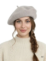 Wełniany beret damski popielaty melanż – klasyczny fason z antenką w eleganckim i modnym stylu paryskim 40869