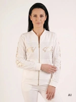 Elegancka bluza ecru ze złotymi napisami i siateczką – prosty fason wysmuklający sylwetkę 29654