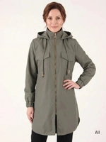 Khaki parka damska z kapturem – elegancka kurtka przejściowa, dyskretnie modelująca talię 39345
